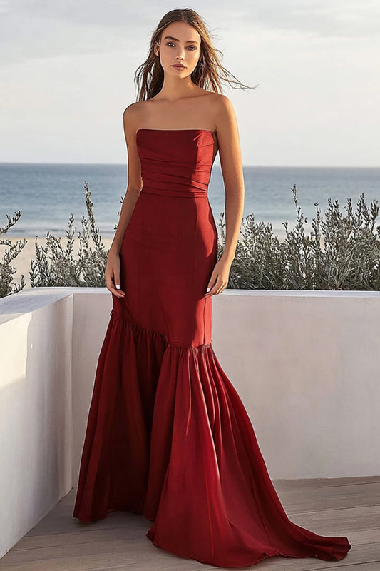 Burgundy Square Neck Long Satin Wedding Guest Dress