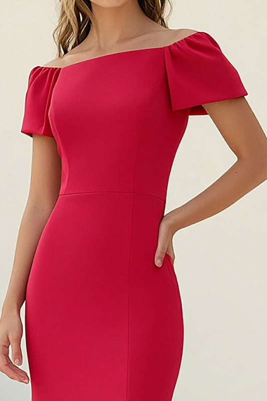 Red Sheath Long Satin Wedding Guest Dress with Short Sleeves