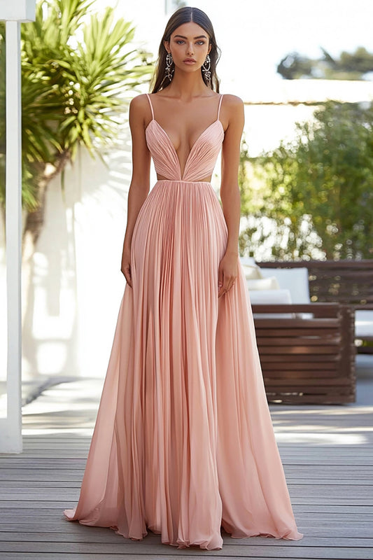 Pink A Line V-Neck Long Chiffon Wedding Guest Dress with Pleated