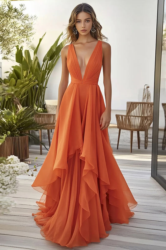 Orange Chiffon Deep V-Neck Long Wedding Guest Dress with Ruffles A Line Sleeveless Prom Dress