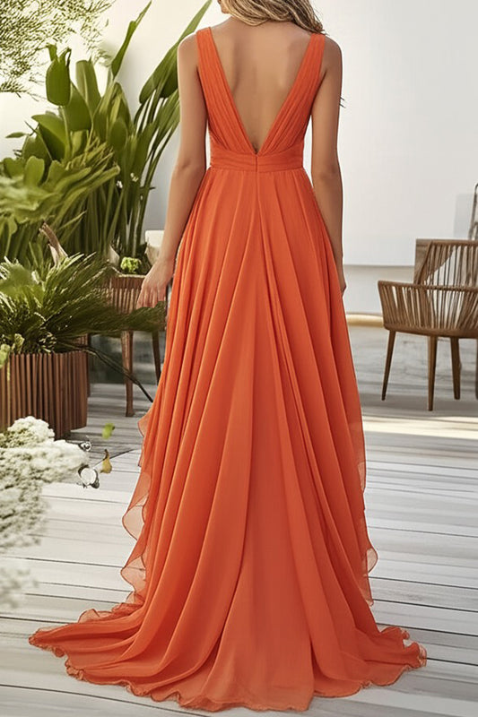 Orange Chiffon Deep V-Neck Long Wedding Guest Dress with Ruffles