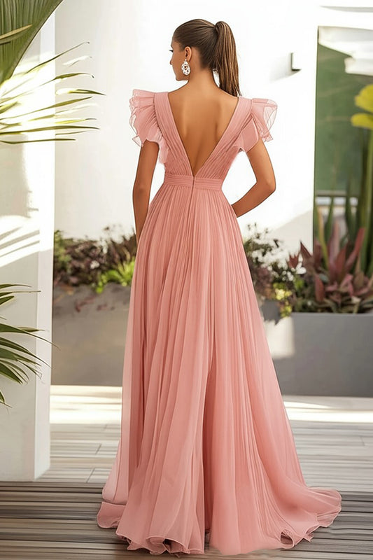 Pink A Line Long Chiffon Wedding Guest Dress with Ruffles