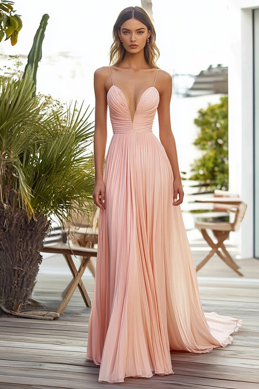 Pink Spaghetti Straps Chiffon Long Wedding Guest Dress with Pleated