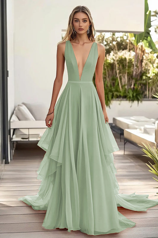 Dusty Sage A Line Long Chiffon Wedding Guest Dress with Ruffles