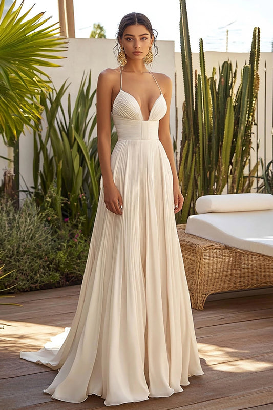 Champagne Spaghetti Straps Long Chiffon Wedding Guest Dress