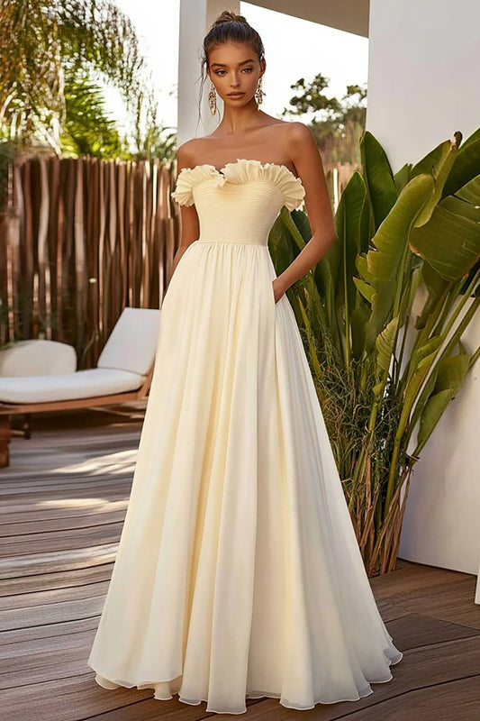 Daffodil Strapless Chiffon Long Wedding Guest Dress with Pockets