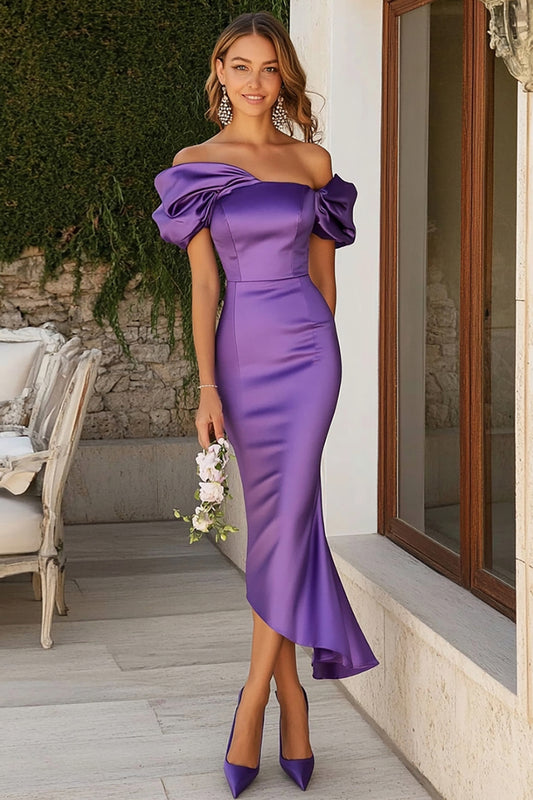 Plum Mermaid Satin Long Asymmetrical Wedding Guest Dress
