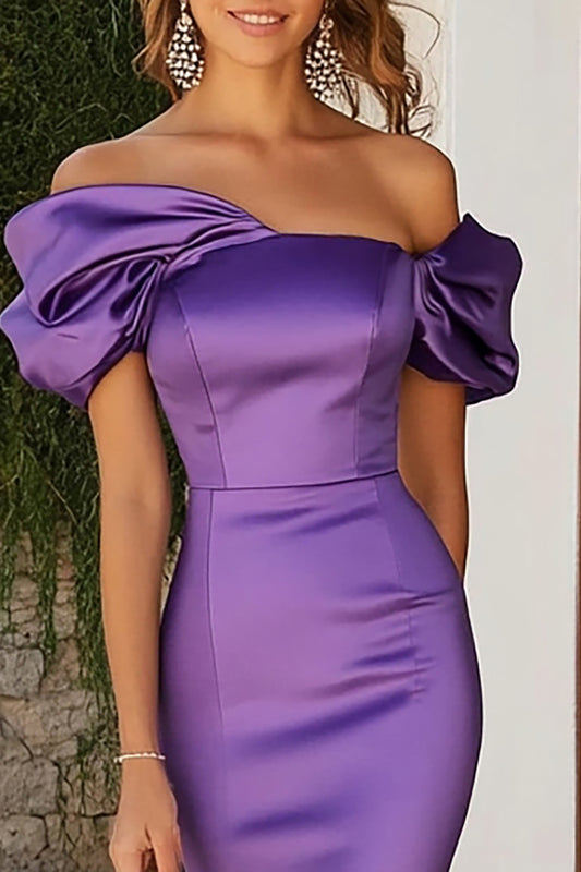 Plum Mermaid Satin Long Asymmetrical Wedding Guest Dress