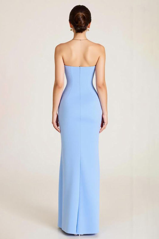 Sky Blue Square Neck Long Sheath Wedding Guest Dress with Slit