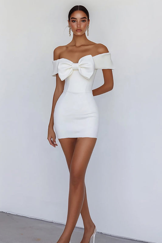 Off the Shoulder White Sheath Satin Mini Graduation Dress with Bowknot