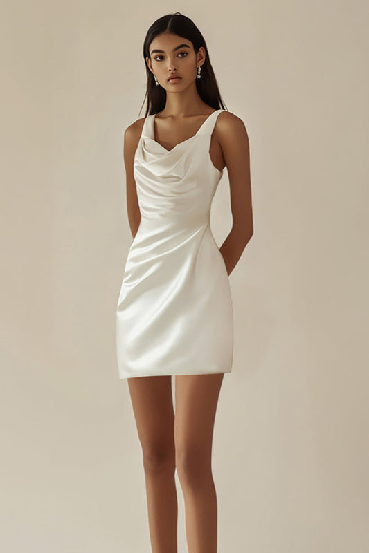 Women White Bodycon Satin Graduation Dress V-Neck Short Bridal Shower Dress
