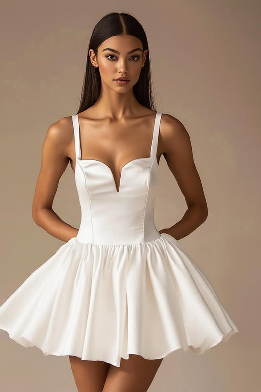 A Line White Satin V-Neck Spaghetti Straps Mini Graduation Dress