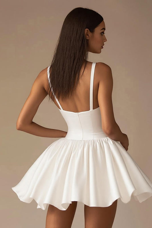 A Line White Satin V-Neck Spaghetti Straps Mini Graduation Dress