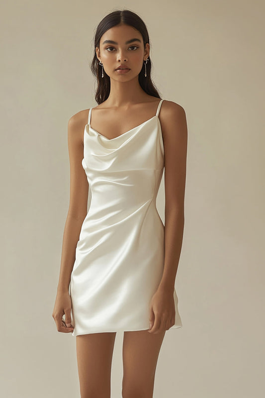 Spaghetti Straps White Sheath Satin V-Neck Mini Graduation Dress