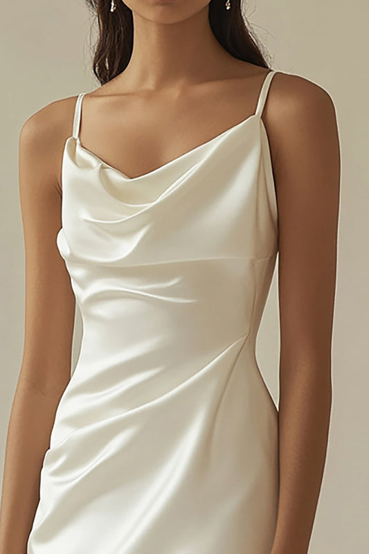Spaghetti Straps White Sheath Satin V-Neck Mini Graduation Dress