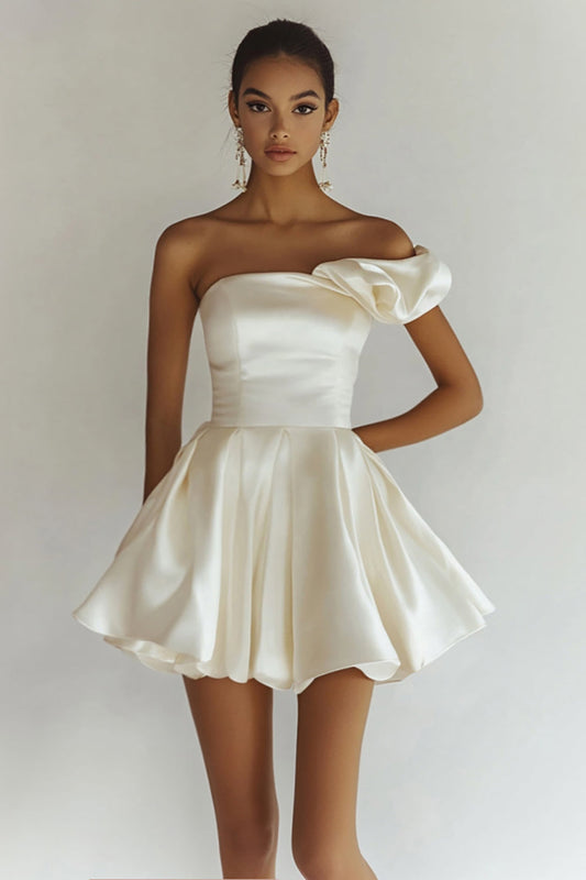 Satin White A Line One Shoulder Mini Graduation Dress with Ruffles