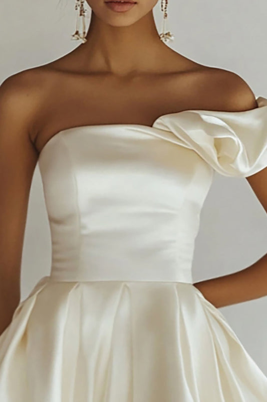Satin White A Line One Shoulder Mini Graduation Dress with Ruffles
