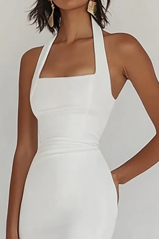 Square Neck White Sheath Satin Long Graduation Dress