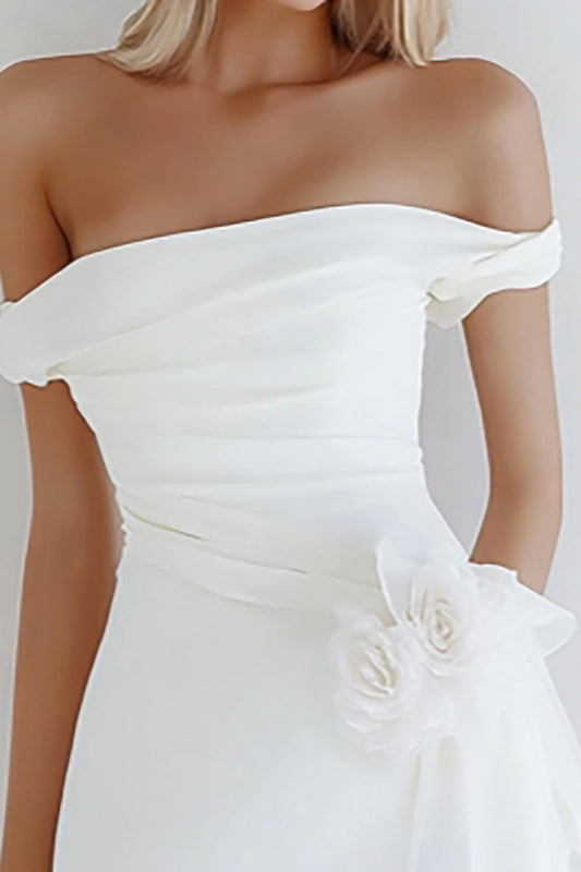 Off the Shoulder White Bodycon Satin Mini Graduation Dress