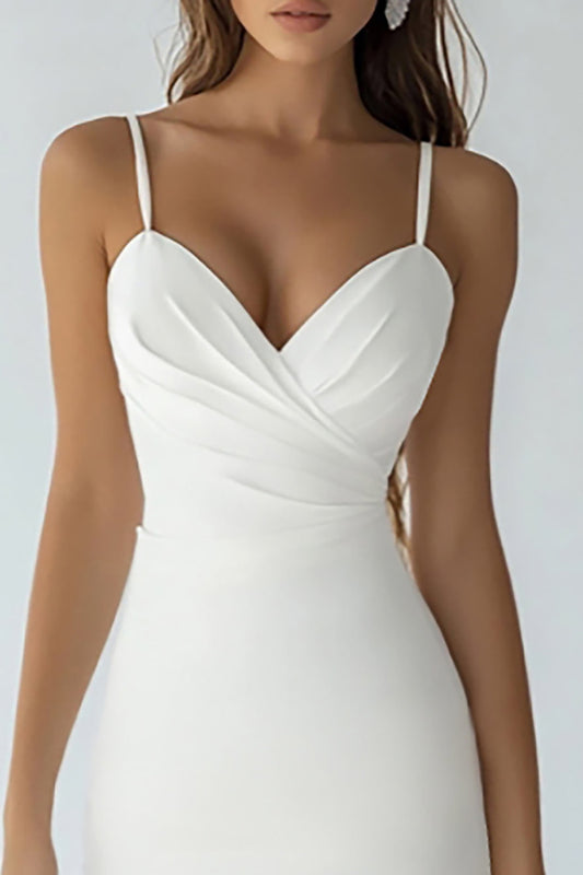 Bodycon White Satin Spaghetti Straps Midi Graduation Dress