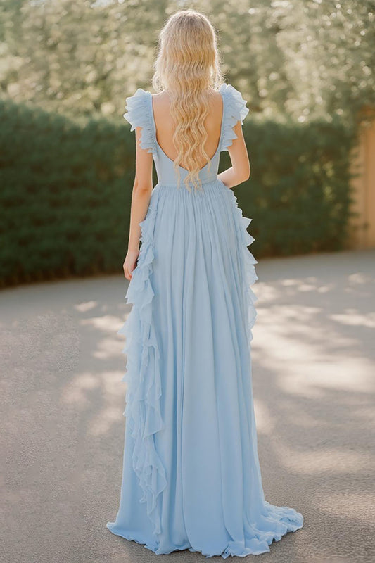 Chiffon Sky Blue A Line V-Neck Long Bridesmaid Dress with Ruffles