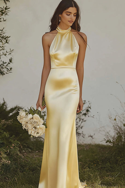 Mermaid Light Yellow Satin Bridesmaid Dress Halter Backless Long Wedding Guest Dress