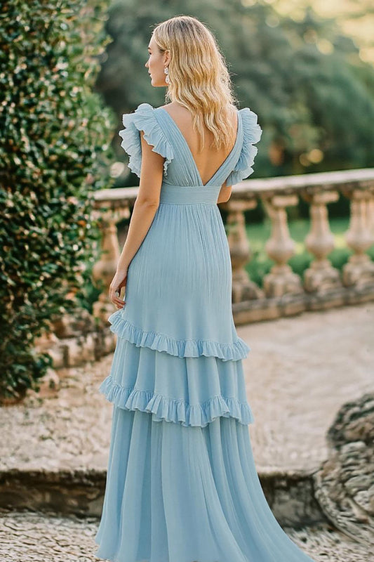A Line Chiffon Sky Blue Deep V-Neck Long Bridesmaid Dress with Ruffles