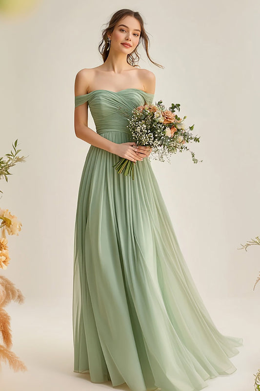 Tulle Dusty Sage A Line Off the Shoulder Long Bridesmaid Dress