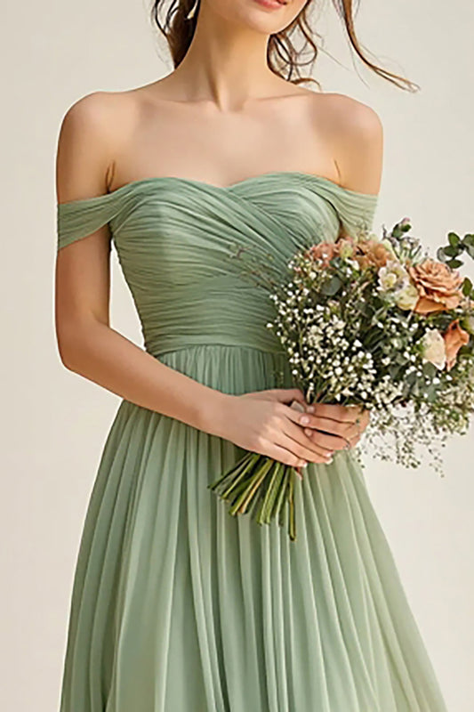 Tulle Dusty Sage A Line Off the Shoulder Long Bridesmaid Dress