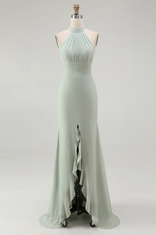 Dusty Sage Chiffon Halter Mermaid Long Bridesmaid Dress with Slit
