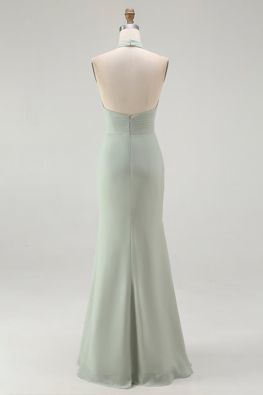 Dusty Sage Chiffon Halter Mermaid Long Bridesmaid Dress with Slit
