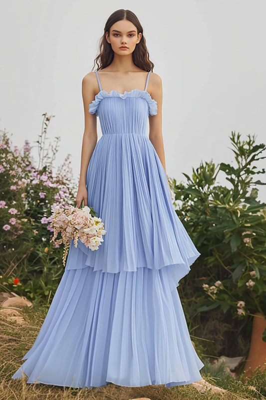 A Line Chiffon Light Blue Tiered Spaghetti Straps Long Bridesmaid Dress