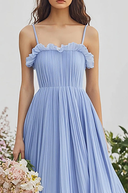 A Line Chiffon Light Blue Tiered Spaghetti Straps Long Bridesmaid Dress
