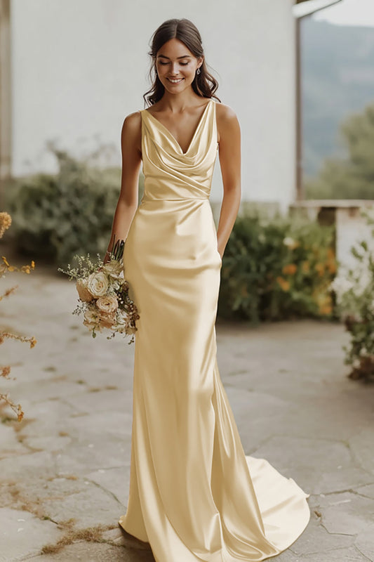 Satin Daffodil Sheath V-Neck Long Bridesmaid Dress