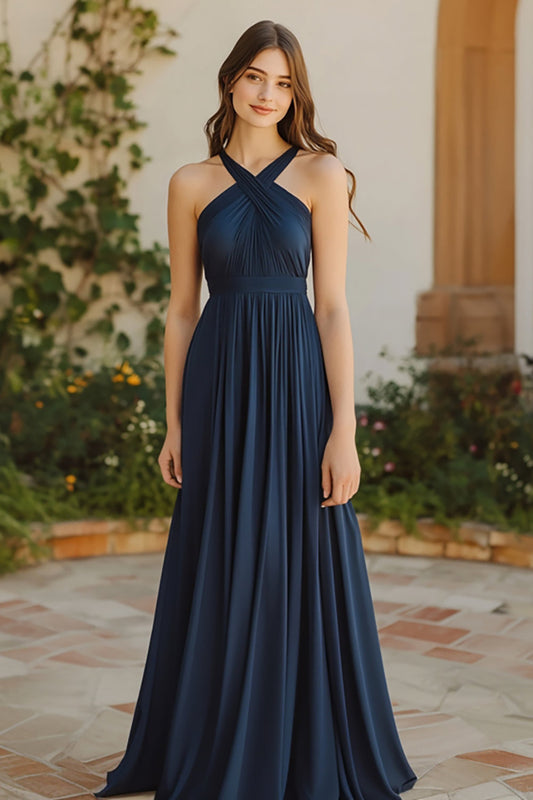 Navy A Line Chiffon Halter Long Bridesmaid Dress with Pleated