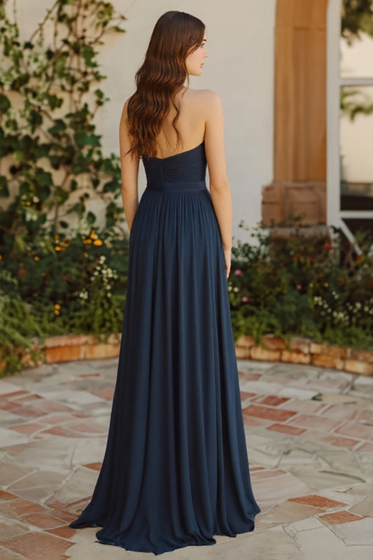 Navy A Line Chiffon Halter Long Bridesmaid Dress with Pleated