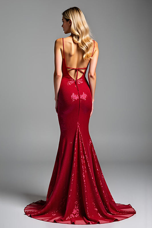 Sparkly Red Mermaid Spaghetti Straps Long Prom Dress