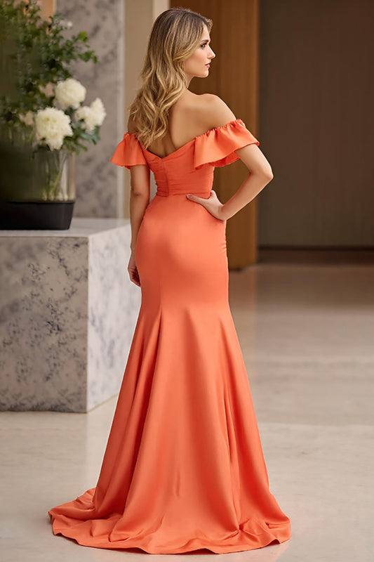 Sheath Satin Orange Off the Shoulder Prom Dress with Slit