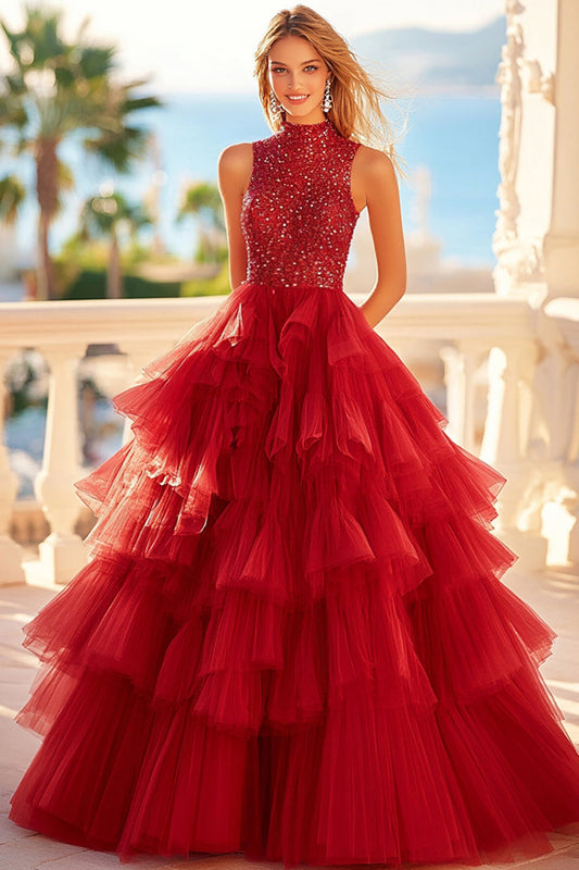 Sparkly Red A Line Tulle Tiered Sleeveless Prom Dress