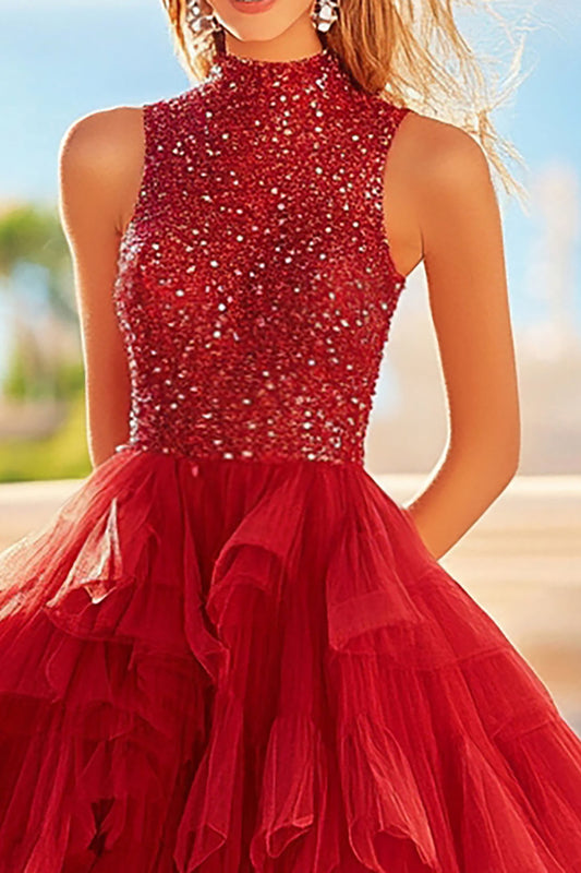 Sparkly Red A Line Tulle Tiered Sleeveless Prom Dress