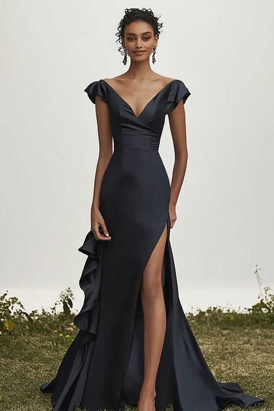 Sheath Black Satin Cap Sleeves Prom Dress with Slit