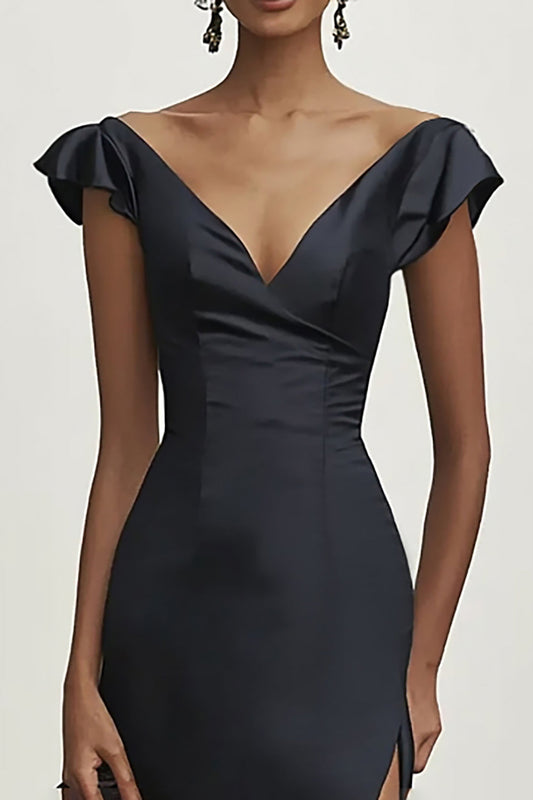 Sheath Black Satin Cap Sleeves Prom Dress with Slit