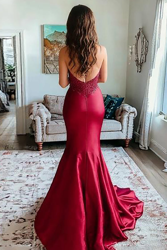 Sparkly Red Mermaid Satin Strapless Prom Dress with Slit