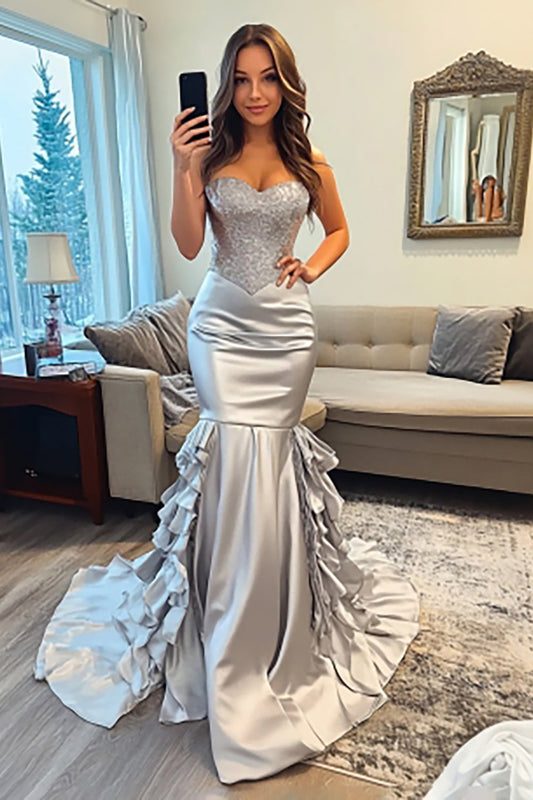 Sparkly Silver Sweetheart Mermaid Long Satin Prom Dress with Ruffles