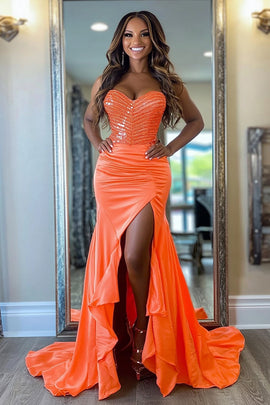 Sparkly Orange Mermaid Ruffles Strapless Long Prom Dress with Slit