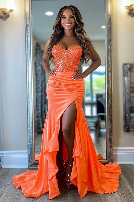 Sparkly Orange Mermaid Ruffles Strapless Long Prom Dress with Slit