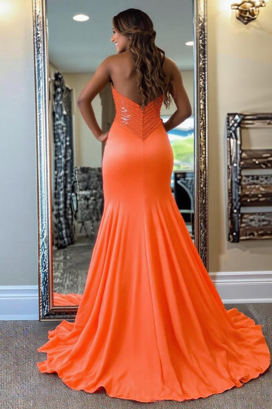 Sparkly Orange Mermaid Ruffles Strapless Long Prom Dress with Slit