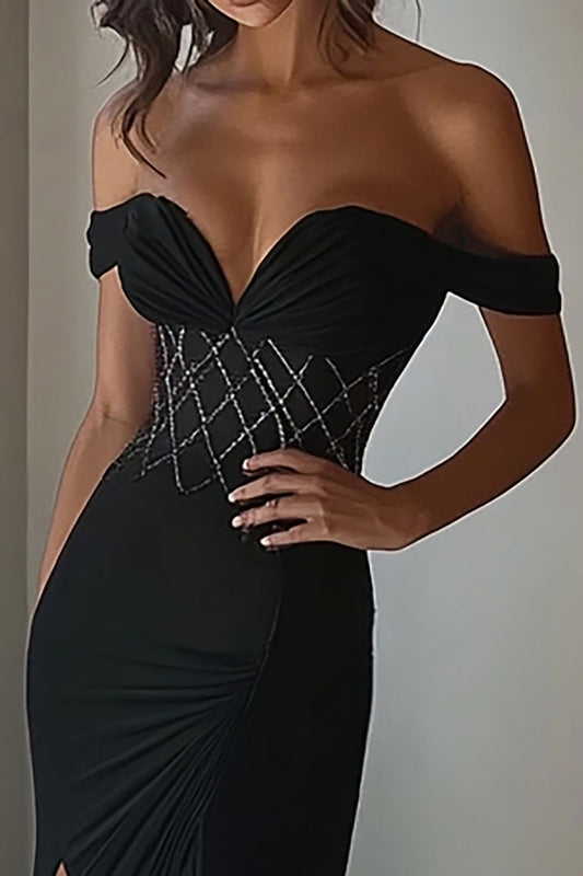 Sparkly Black Mermaid Off the Shoulder Long Prom Dress with Slit