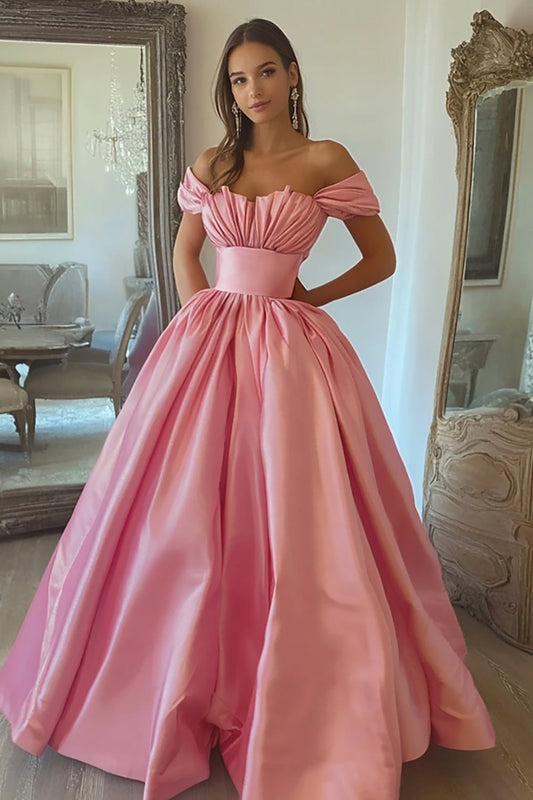 Pink Ball Gown Satin Off the Shoulder Long Prom Dress