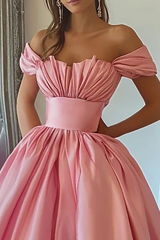 Pink Ball Gown Satin Off the Shoulder Long Prom Dress